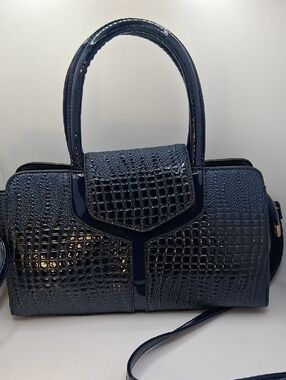 Navy Croc-Embossed Structured Satchel